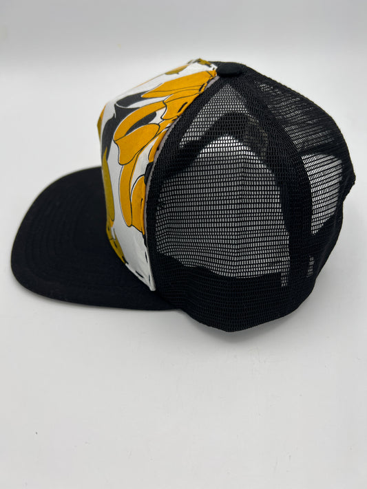 Vintage Alfred Shaheen aloha fabric- flat brim black trucker cap