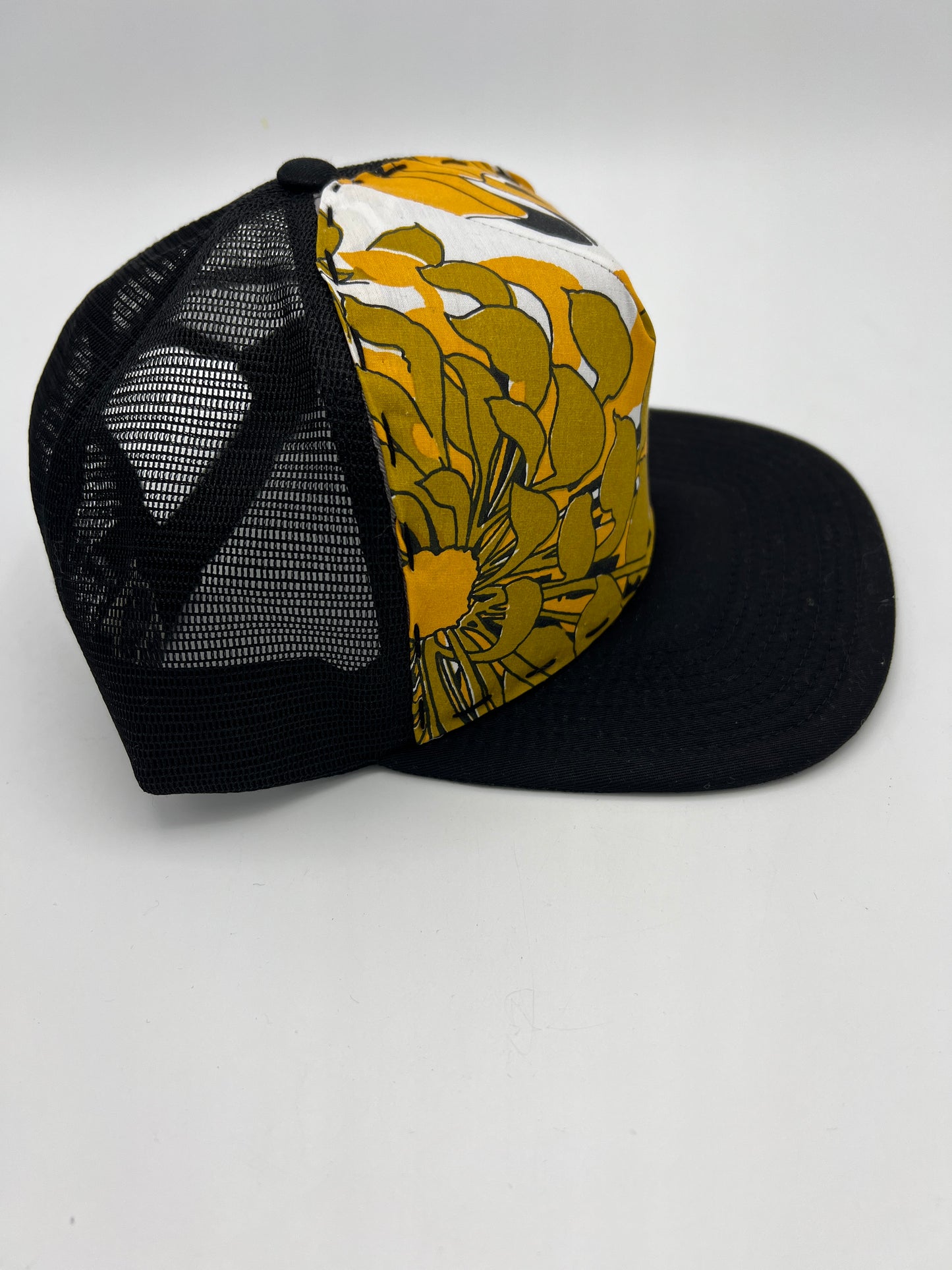 Vintage Alfred Shaheen aloha fabric- flat brim black trucker cap