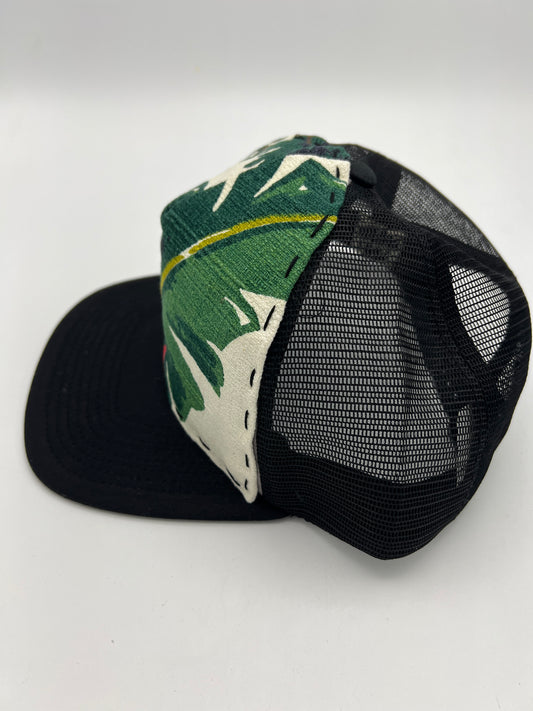 Vintage Hawaiian Barkcloth fabric- Black flat brim trucker hat