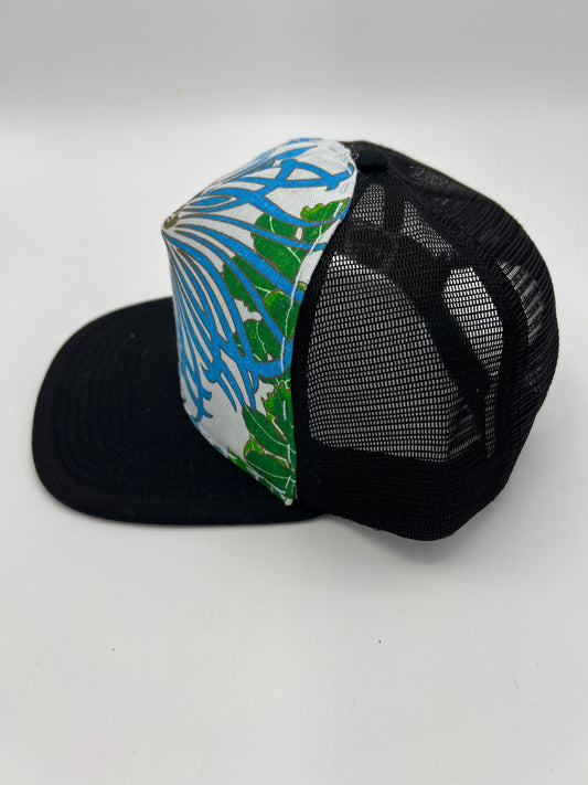 Vintage Alfred Shaheen aloha fabric- black flat brim trucker hat