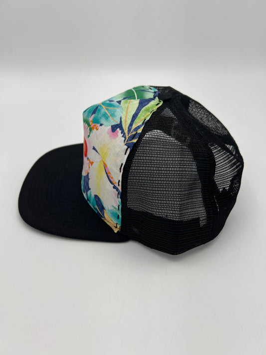 Vintage aloha fabric -black flat brim trucker cap