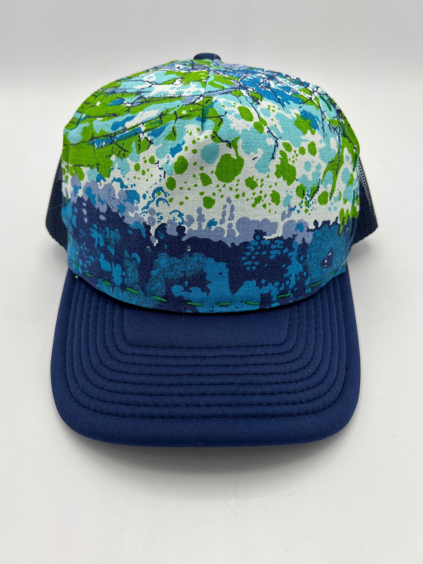 Vintage bark cloth 60s fabric- blue curved brim trucker hat