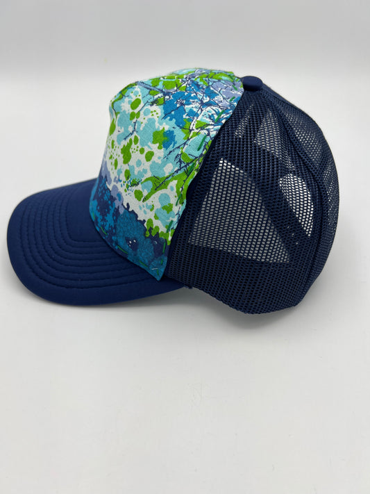 Vintage bark cloth 60s fabric- blue curved brim trucker hat