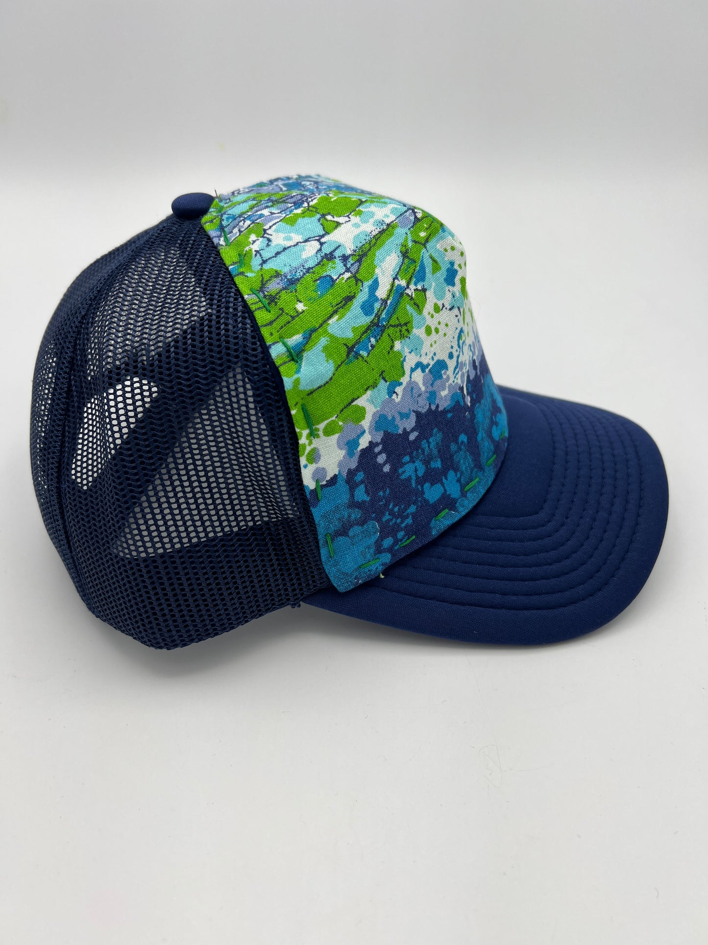 Vintage bark cloth 60s fabric- blue curved brim trucker hat