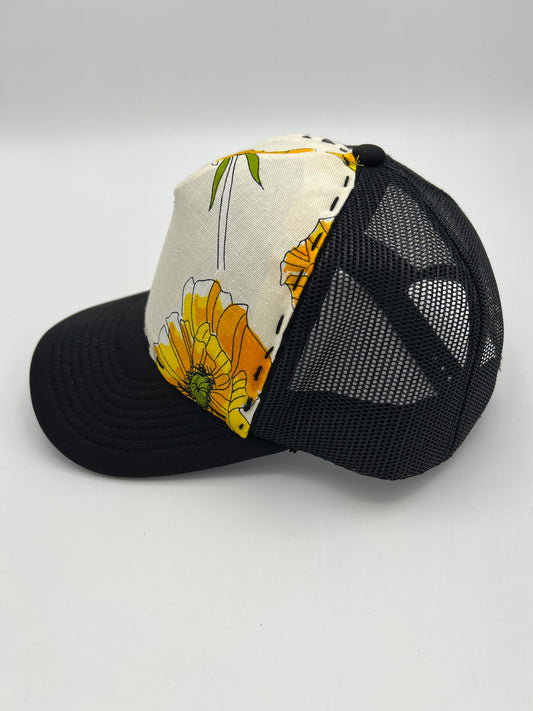 Vintage Vera Neumann floral fabric- black curved brim trucker cap