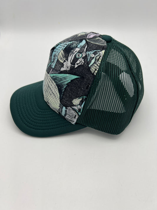 Vintage tropical fish fabric- forest green curved brim trucker hat