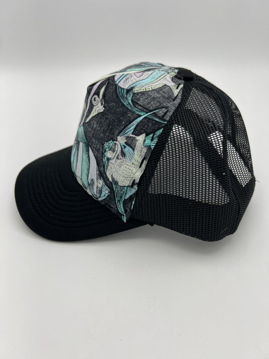 Vintage tropical fish fabric- black curved brim trucker hat