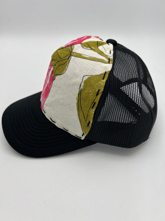 Vintage Vera Neumann floral fabric: black curved brim trucker hat
