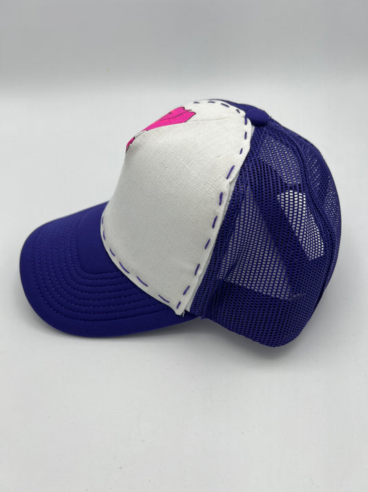 Vintage Alfred Shaheen aloha floral 60s fabric- purple curved brim trucker hat