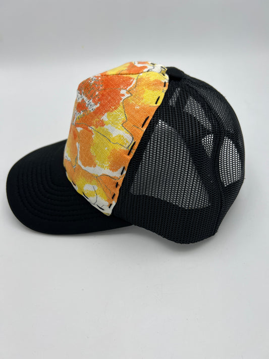 Vintage Vera Neumann floral fabric- black curved brim trucker hat