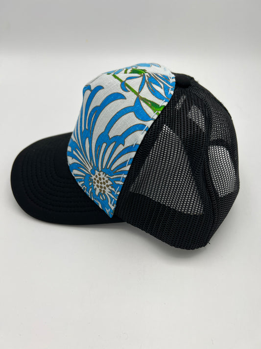 Vintage Alfred Shaheen aloha fabric- black curved brim trucker hat