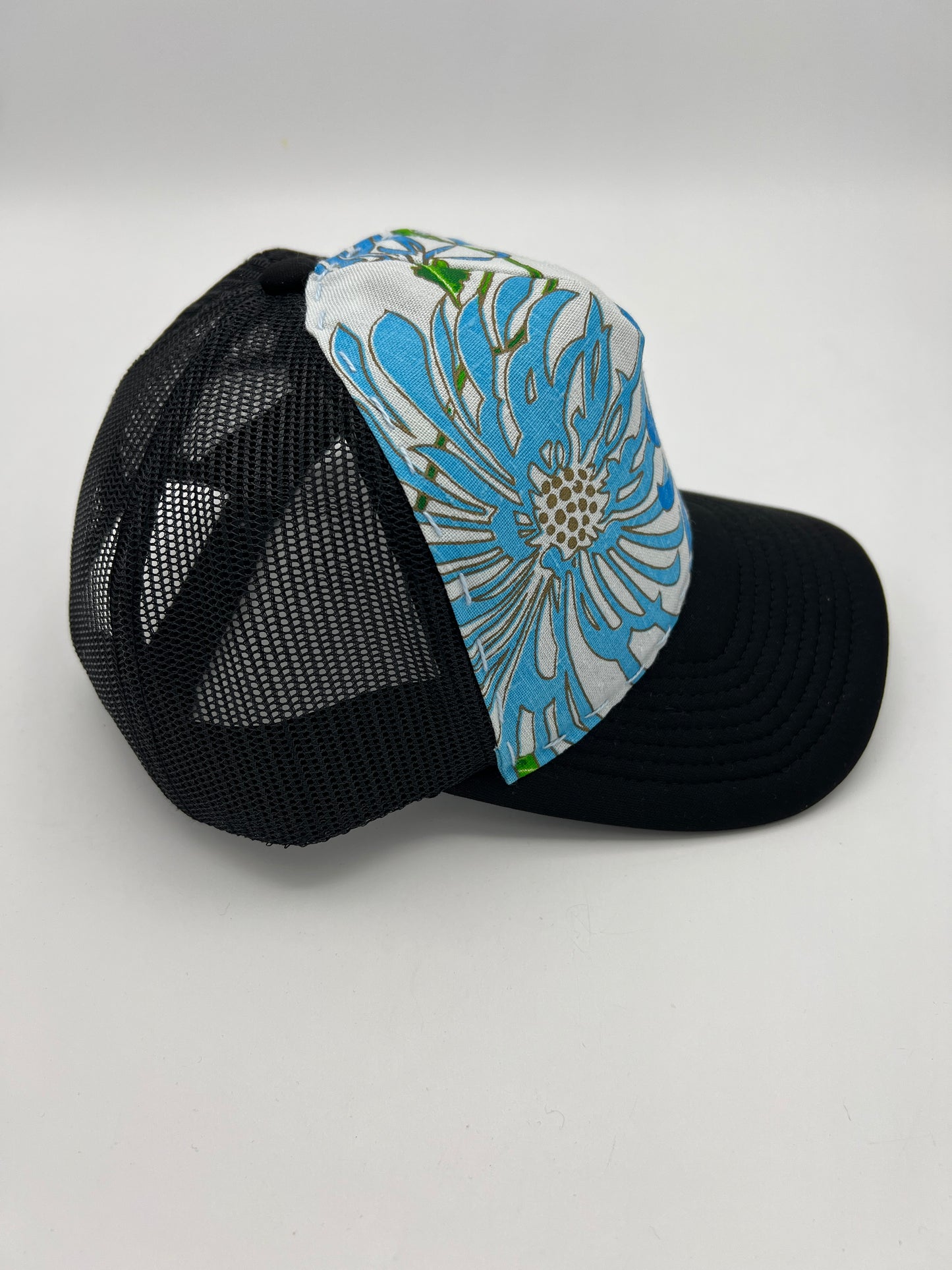 Vintage Alfred Shaheen aloha fabric- black curved brim trucker hat