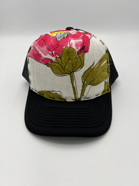 Vintage Vera Neumann floral fabric: curved brim black trucker hat