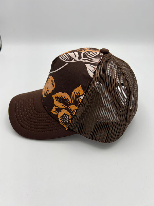 Vintage aloha fabric- brown curved brim trucker hat