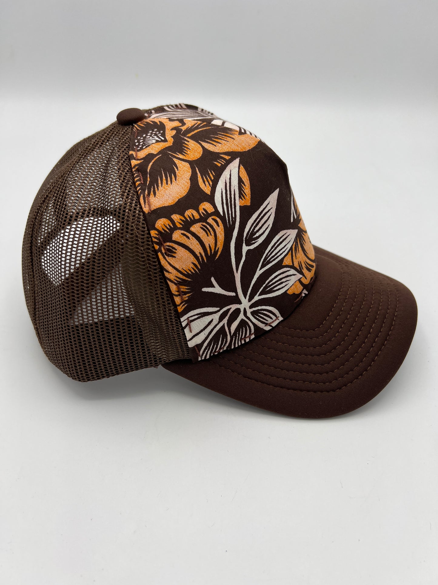 Vintage aloha fabric- brown curved brim trucker hat