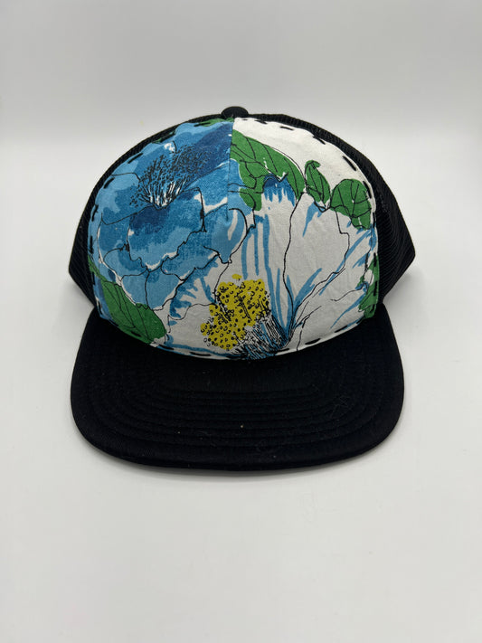 Vintage Vera Neumann floral fabric- black flat brim trucker hat