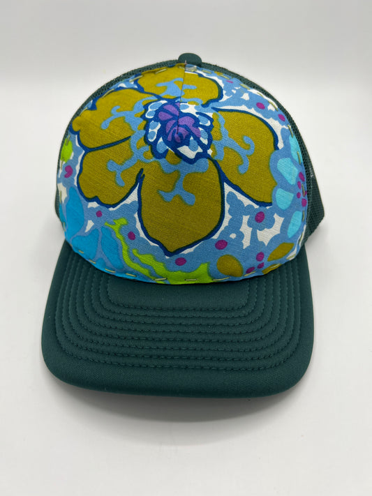 Vintage silk Aloha flowered fabric -curved brim forest green trucker hat
