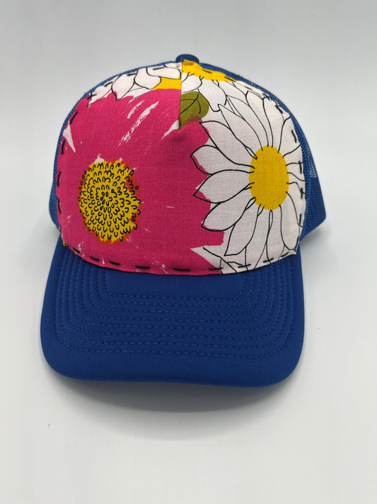 Vintage Vera Neumann floral fabric- curved brim blue trucker hat