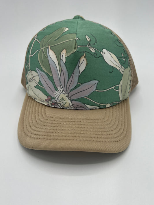 Passion fruit botanical vintage fabric- khaki curved brim cap