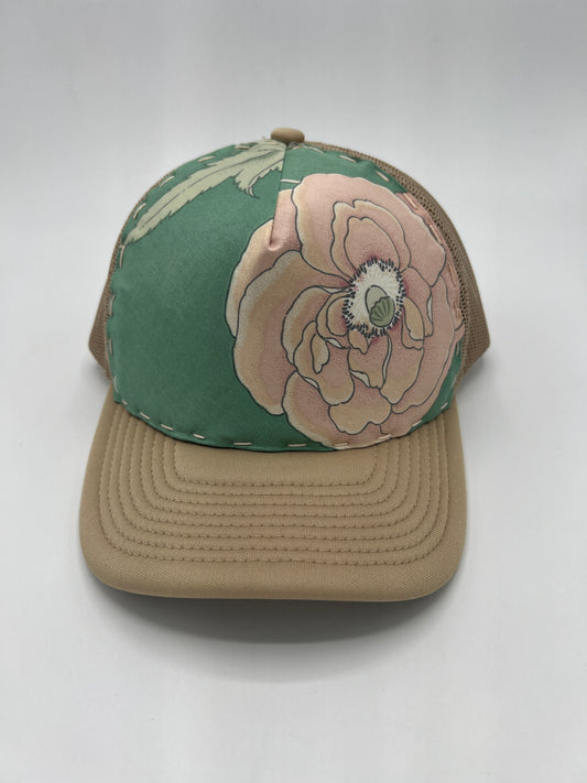 Poppy flower botanical vintage fabric -curved brim khaki cap