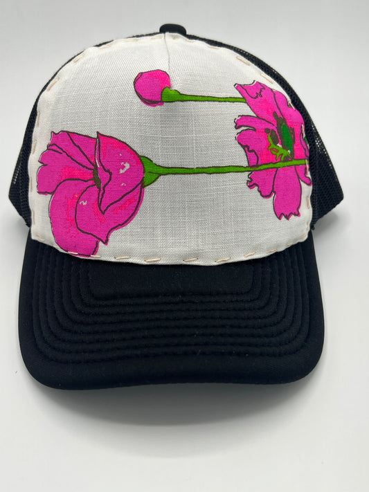 Vintage Alfred Shaheen floral fabric- black curved brim trucker hat