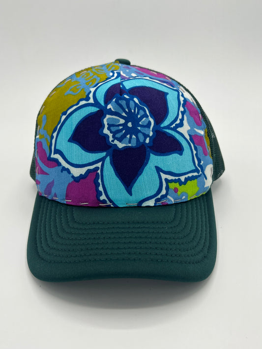 Vintage flowered silk Aloha fabric - curved brim forest green trucker hat