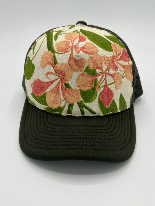 Bagshaws of Saint Lucia vibrant vintage fabric- army green curved brim trucker hat