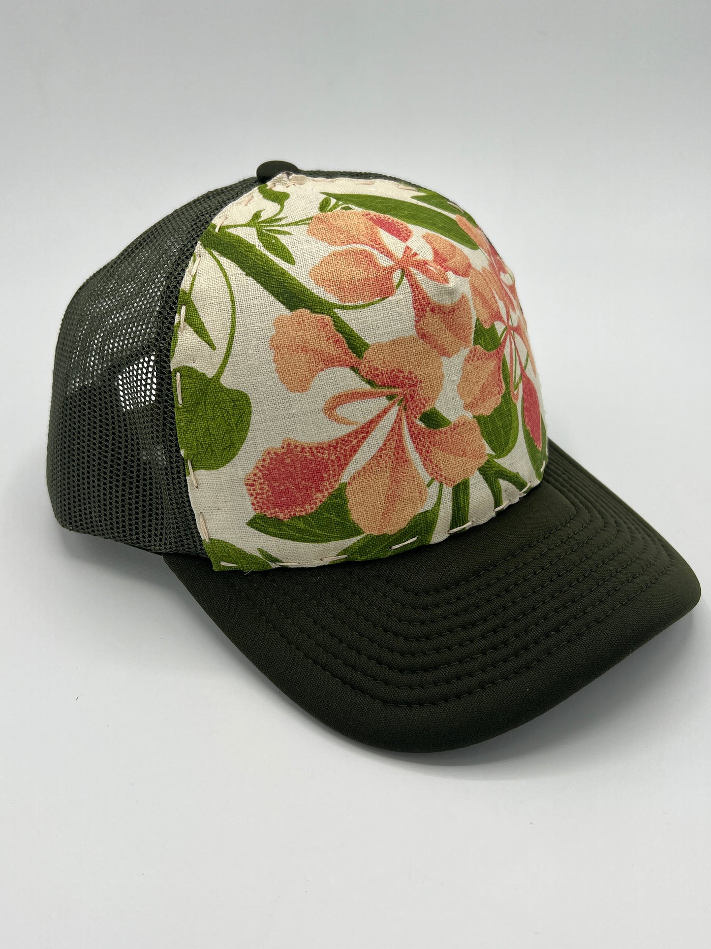 Bagshaws of Saint Lucia vibrant vintage fabric- army green curved brim trucker hat