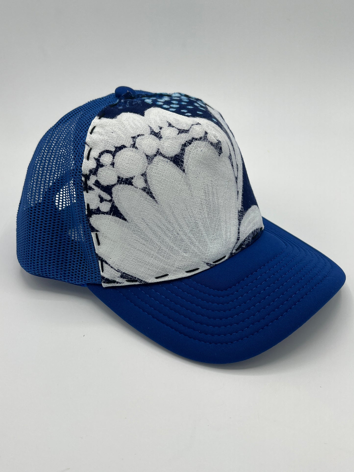 Vibrant vintage barkcloth floral fabric- curved brim blue trucker hat