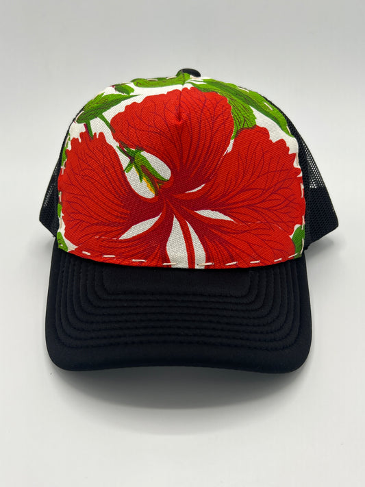 Bagshaws of Saint Lucia vibrant vintage fabric- black curved brim trucker hat