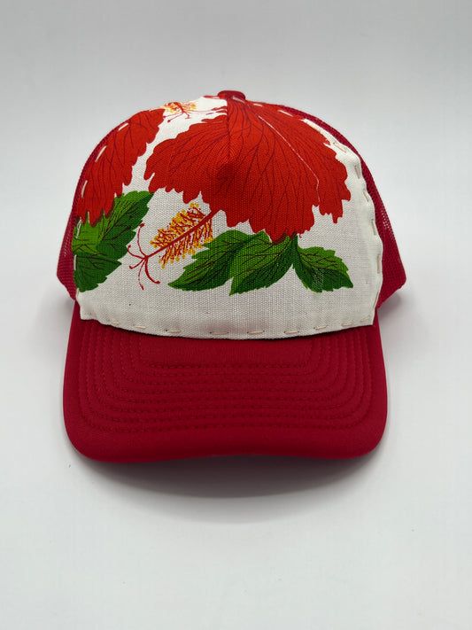 Bagshaws of Saint Lucia vibrant vintage fabric- red curved brim trucker hat
