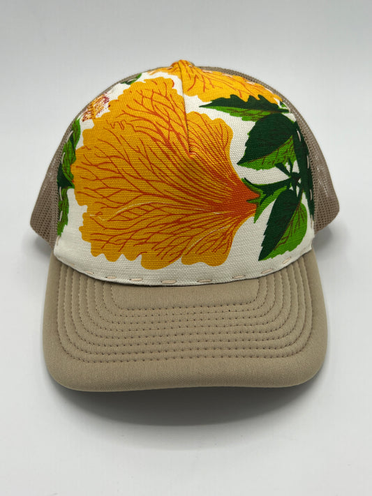 Bagshaws of Saint Lucia vibrant vintage fabric- khaki curved brim trucker hat