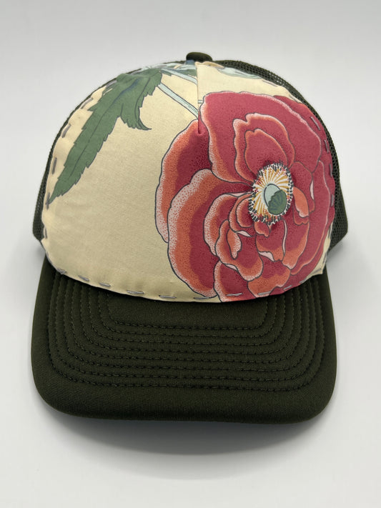 Poppy flower botanical vintage fabric -curved brim army green cap