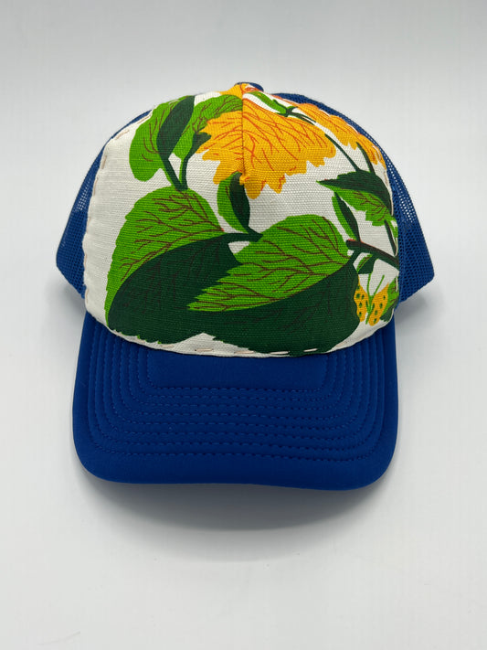 Bagshaws of Saint Lucia vibrant vintage fabric- blue curved brim trucker hat