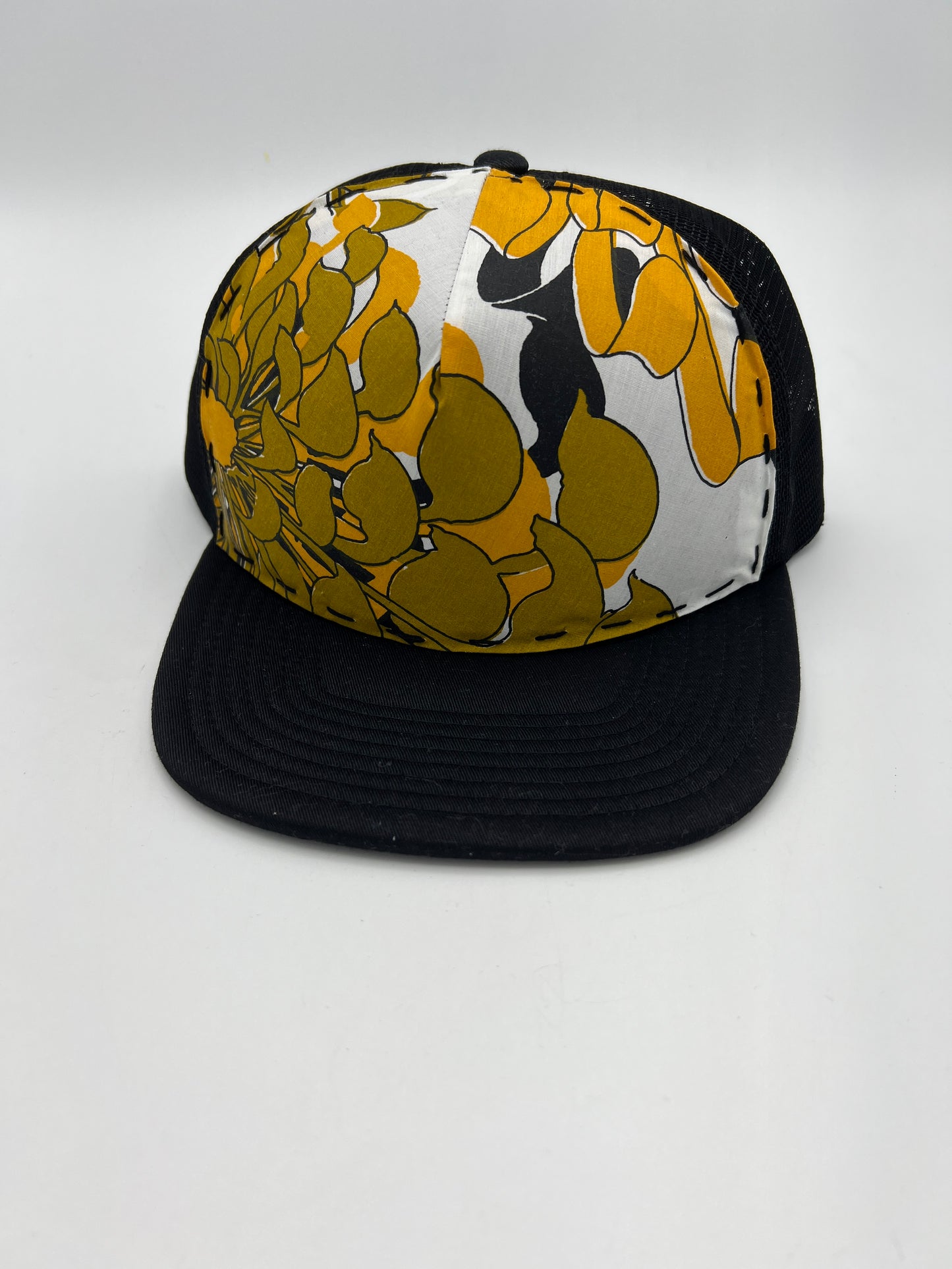 Vintage Alfred Shaheen aloha fabric- flat brim black trucker cap