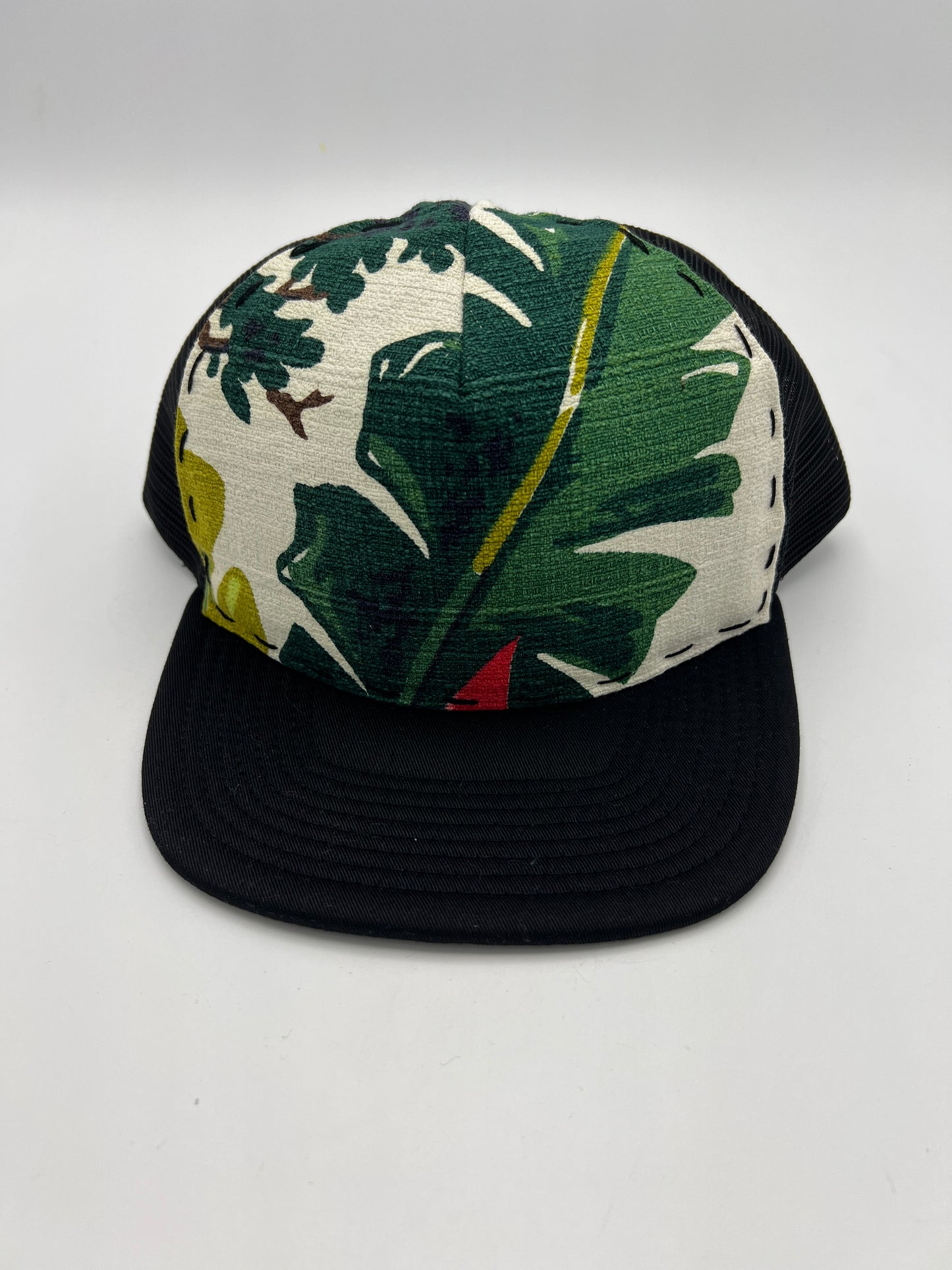 Vintage Hawaiian Barkcloth fabric- Black flat brim trucker hat