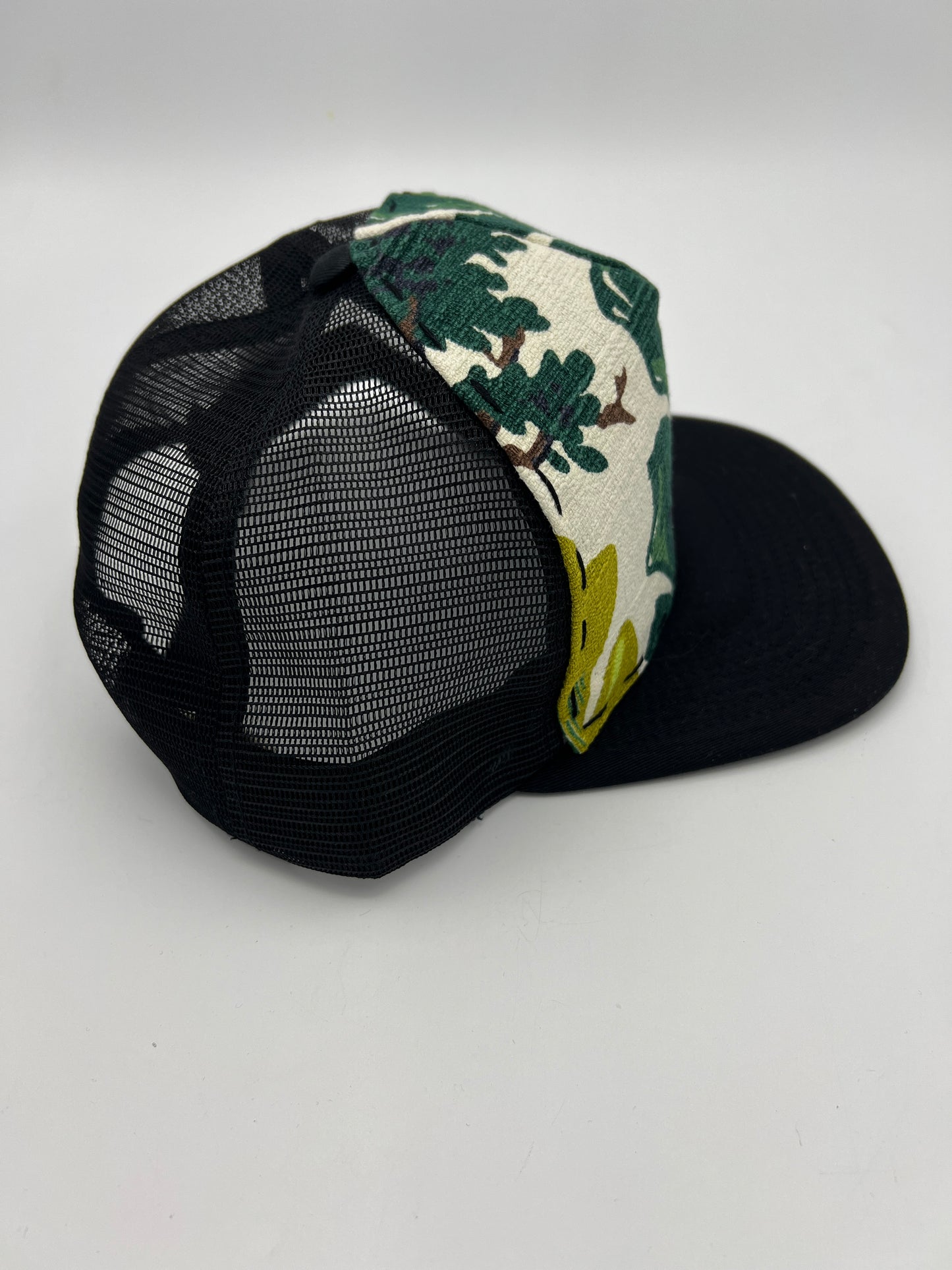 Vintage Hawaiian Barkcloth fabric- Black flat brim trucker hat