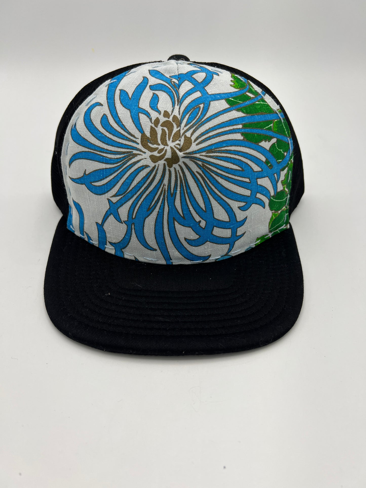 Vintage Alfred Shaheen aloha fabric- black flat brim trucker hat