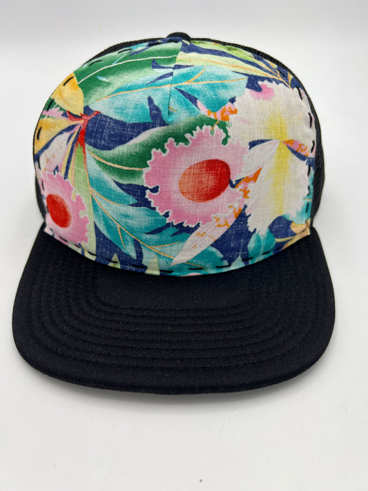 Vintage aloha fabric -black flat brim trucker cap