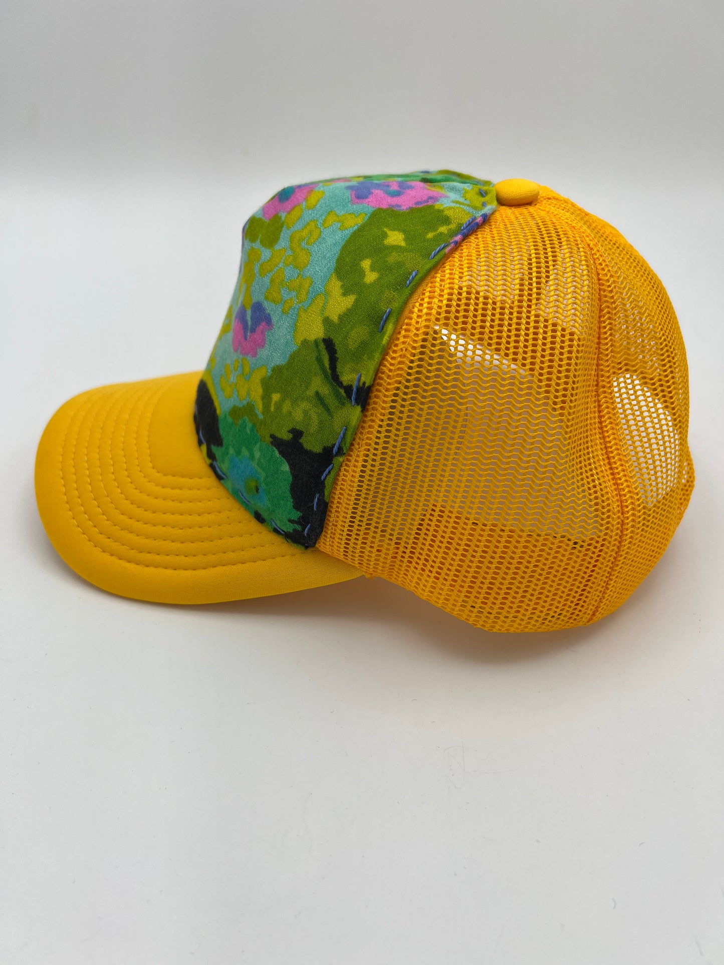 Vibrant vintage floral 60s fabric, curved brim trucker hat-goldenrod