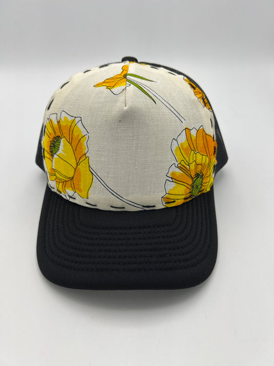 Vintage Vera Neumann floral fabric- black curved brim trucker cap