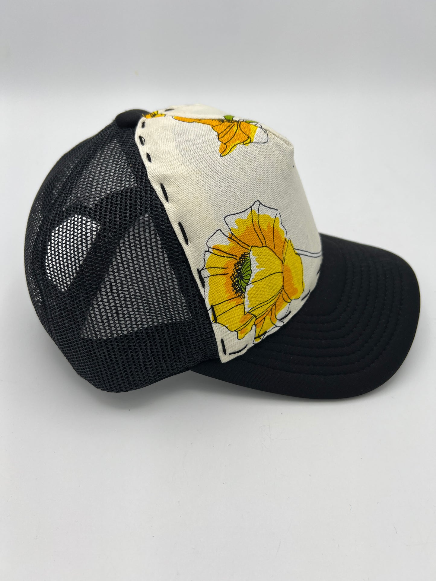 Vintage Vera Neumann floral fabric- black curved brim trucker cap