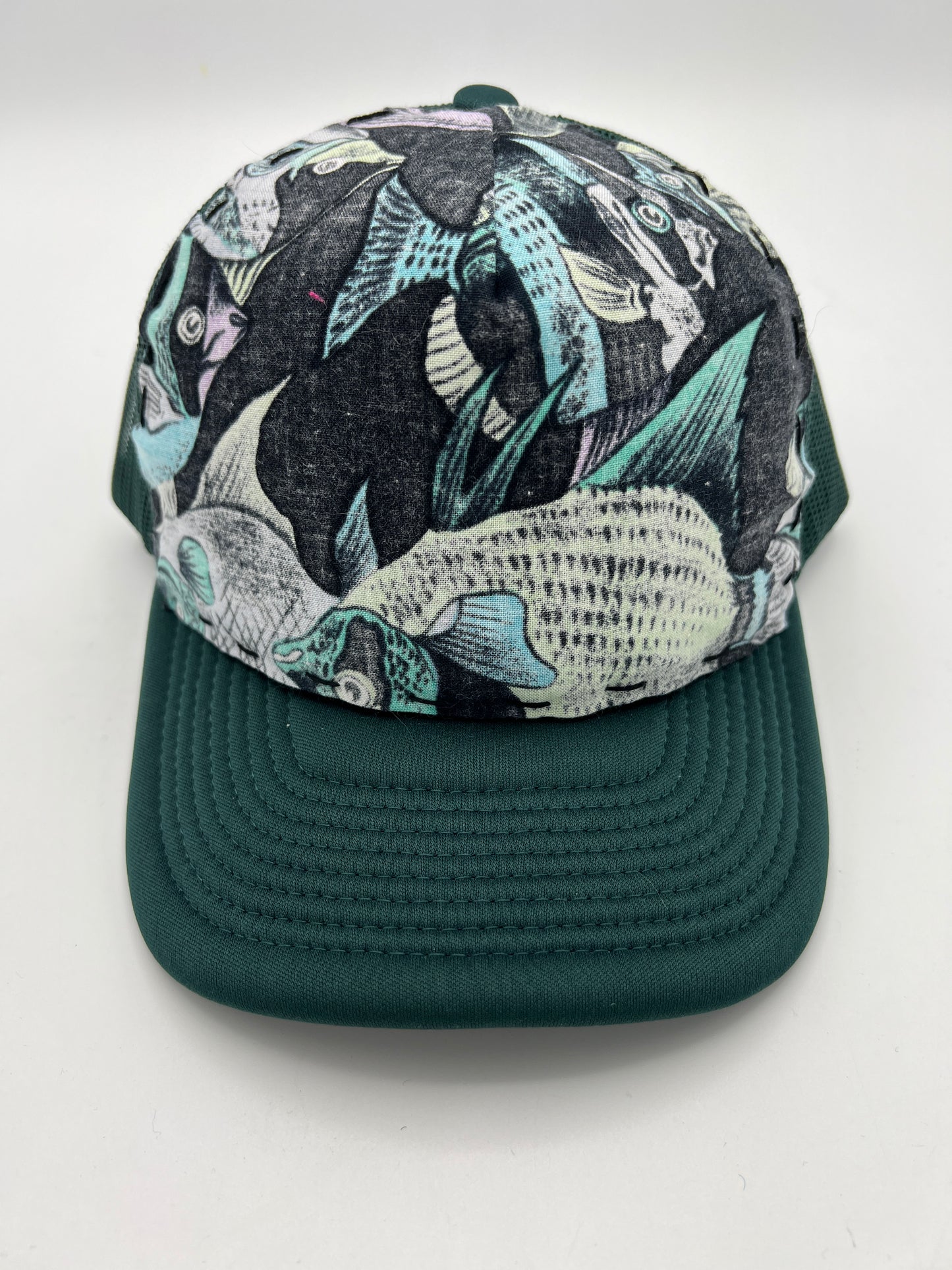 Vintage tropical fish fabric- forest green curved brim trucker hat