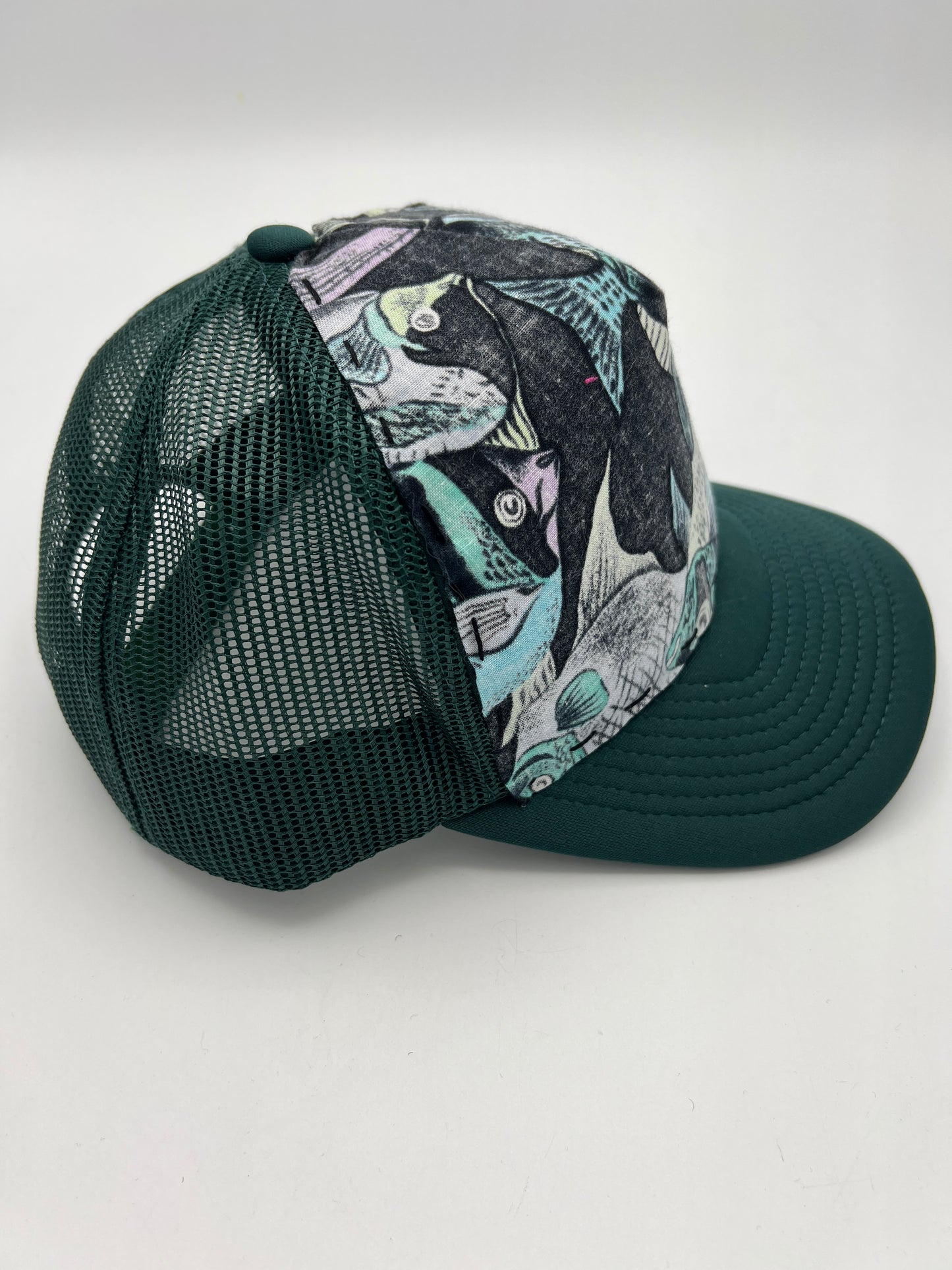 Vintage tropical fish fabric- forest green curved brim trucker hat