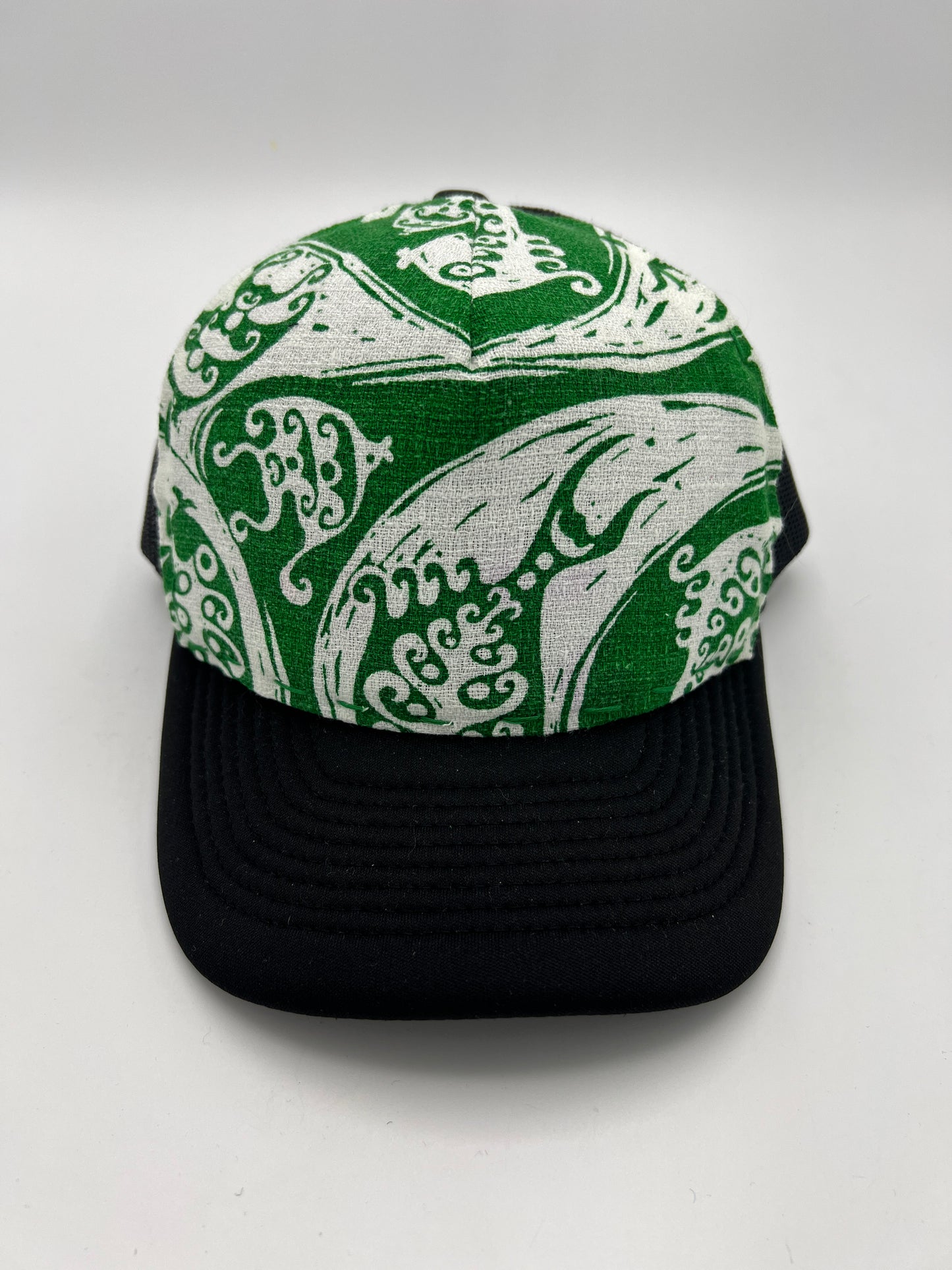 Vintage 70s Fish Barkcloth fabric- black curved brim trucker hat