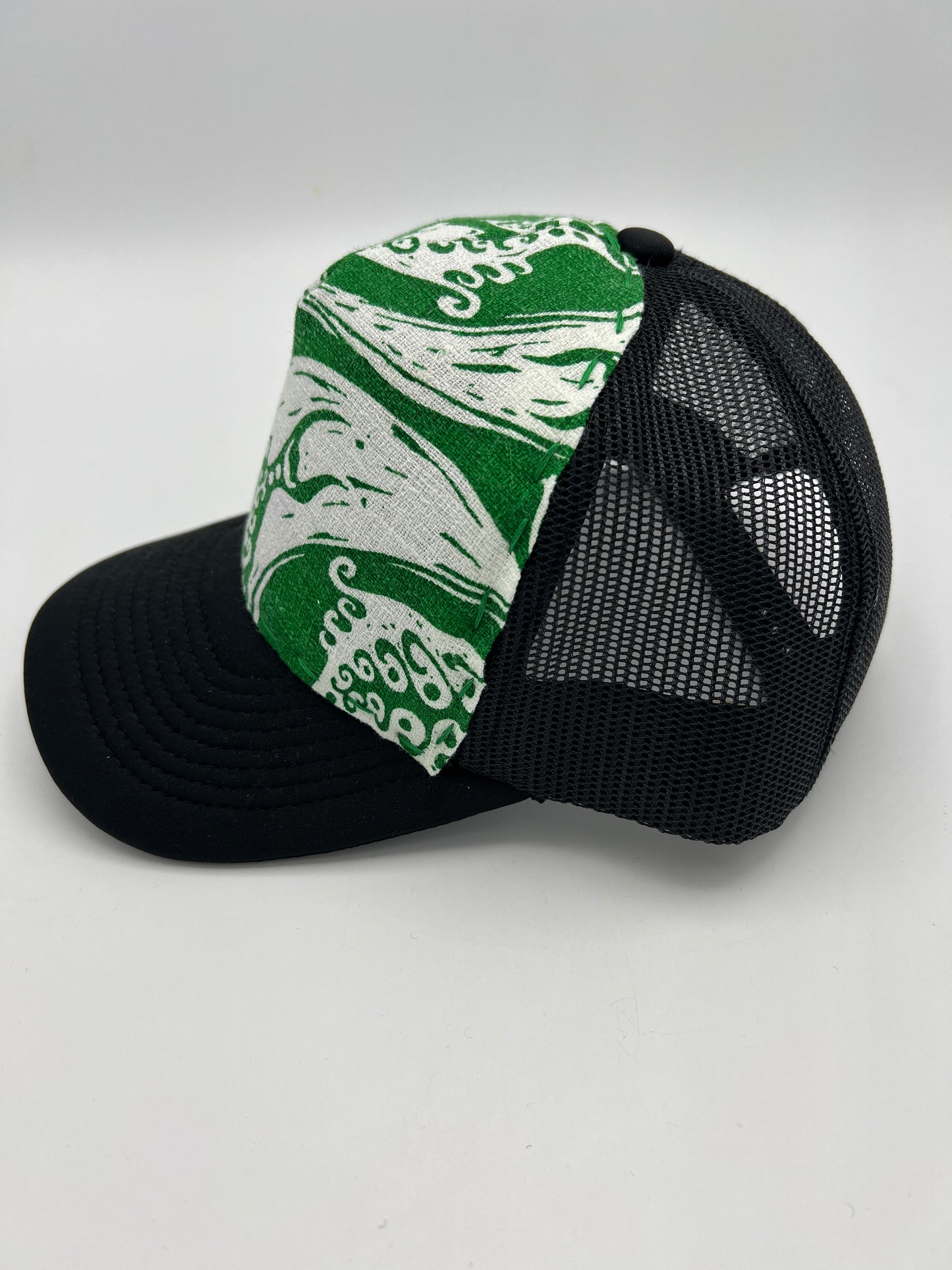 Vintage 70s Fish Barkcloth fabric- black curved brim trucker hat