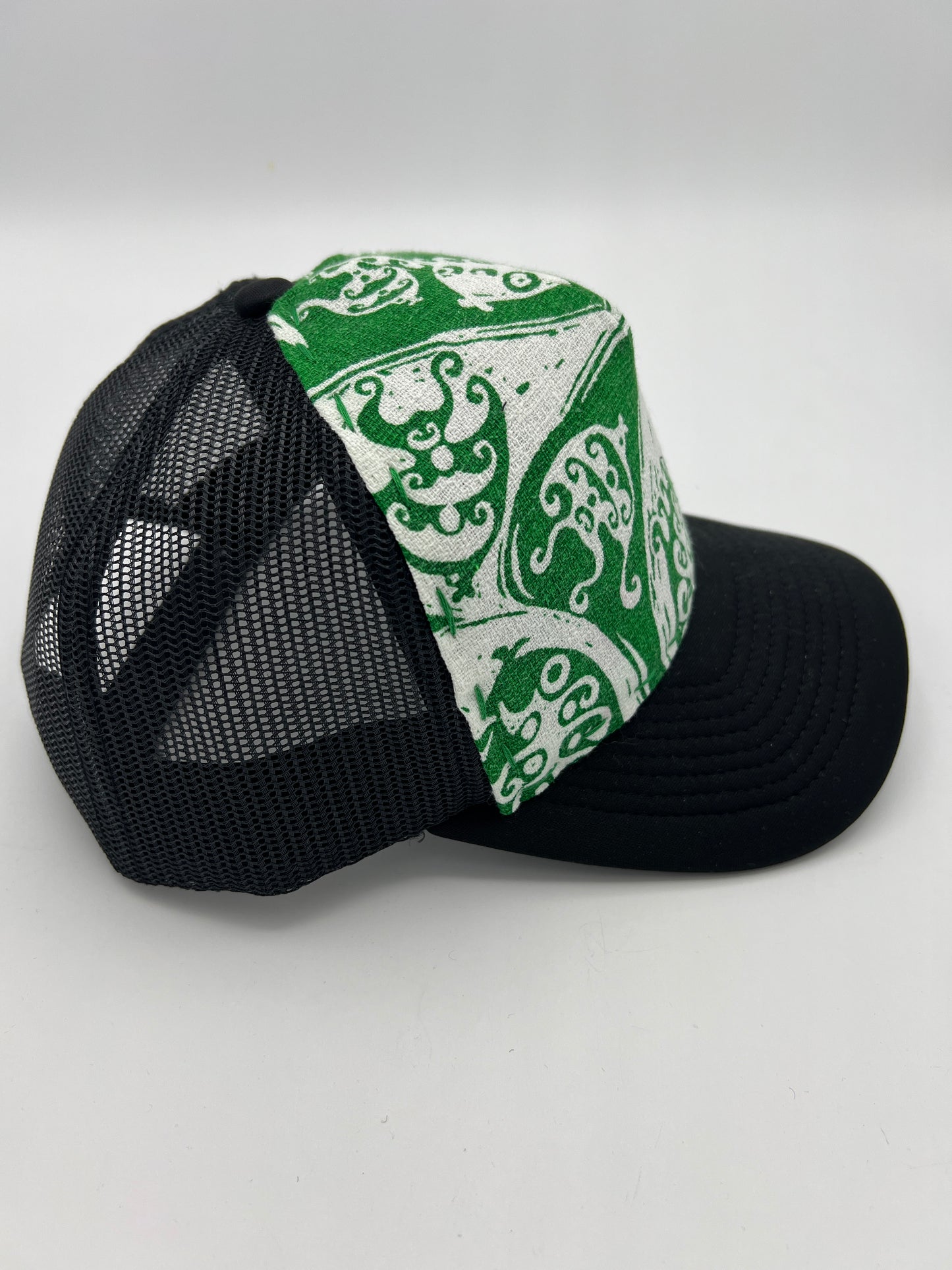 Vintage 70s Fish Barkcloth fabric- black curved brim trucker hat
