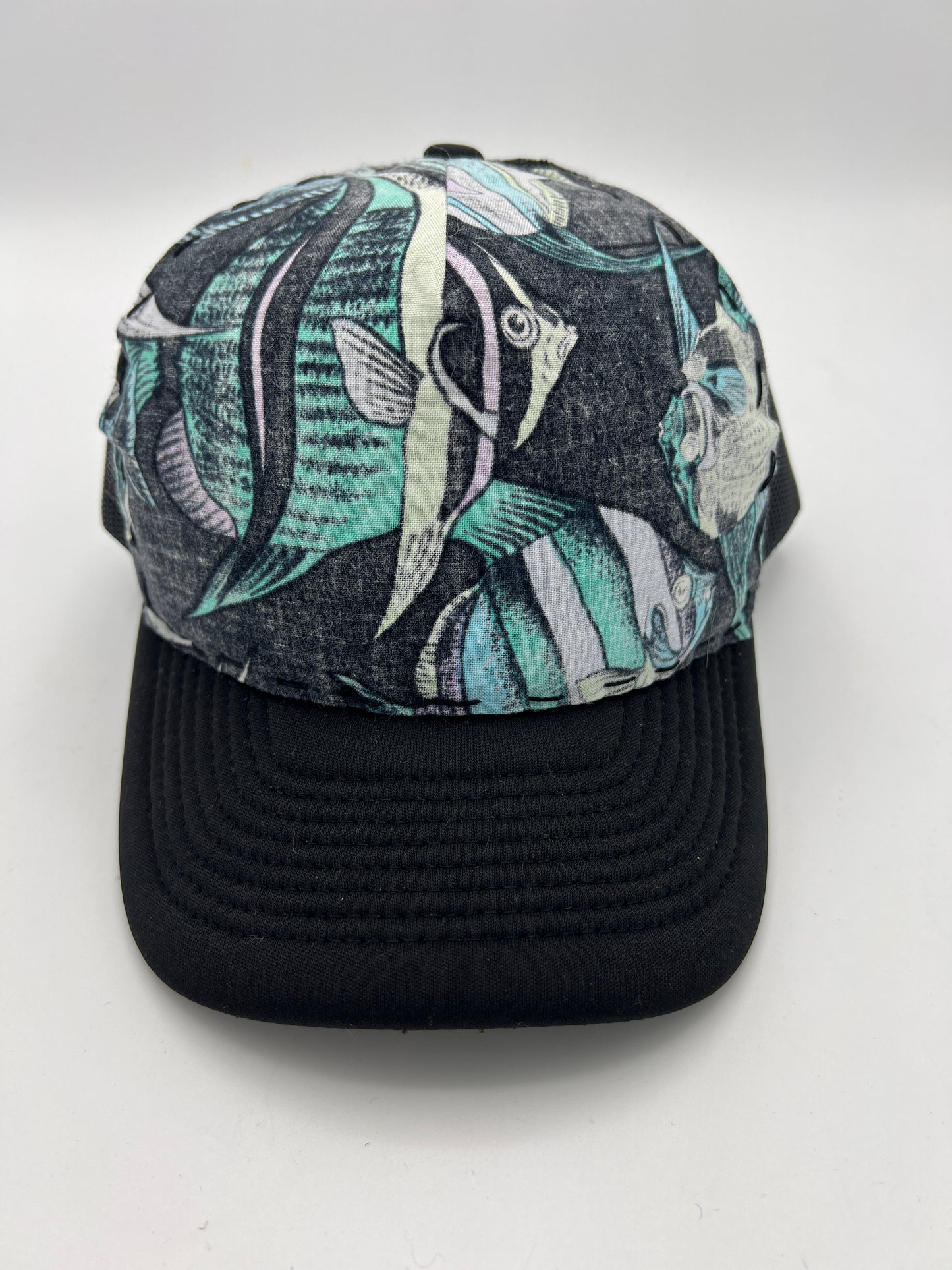 Vintage tropical fish fabric- black curved brim trucker hat