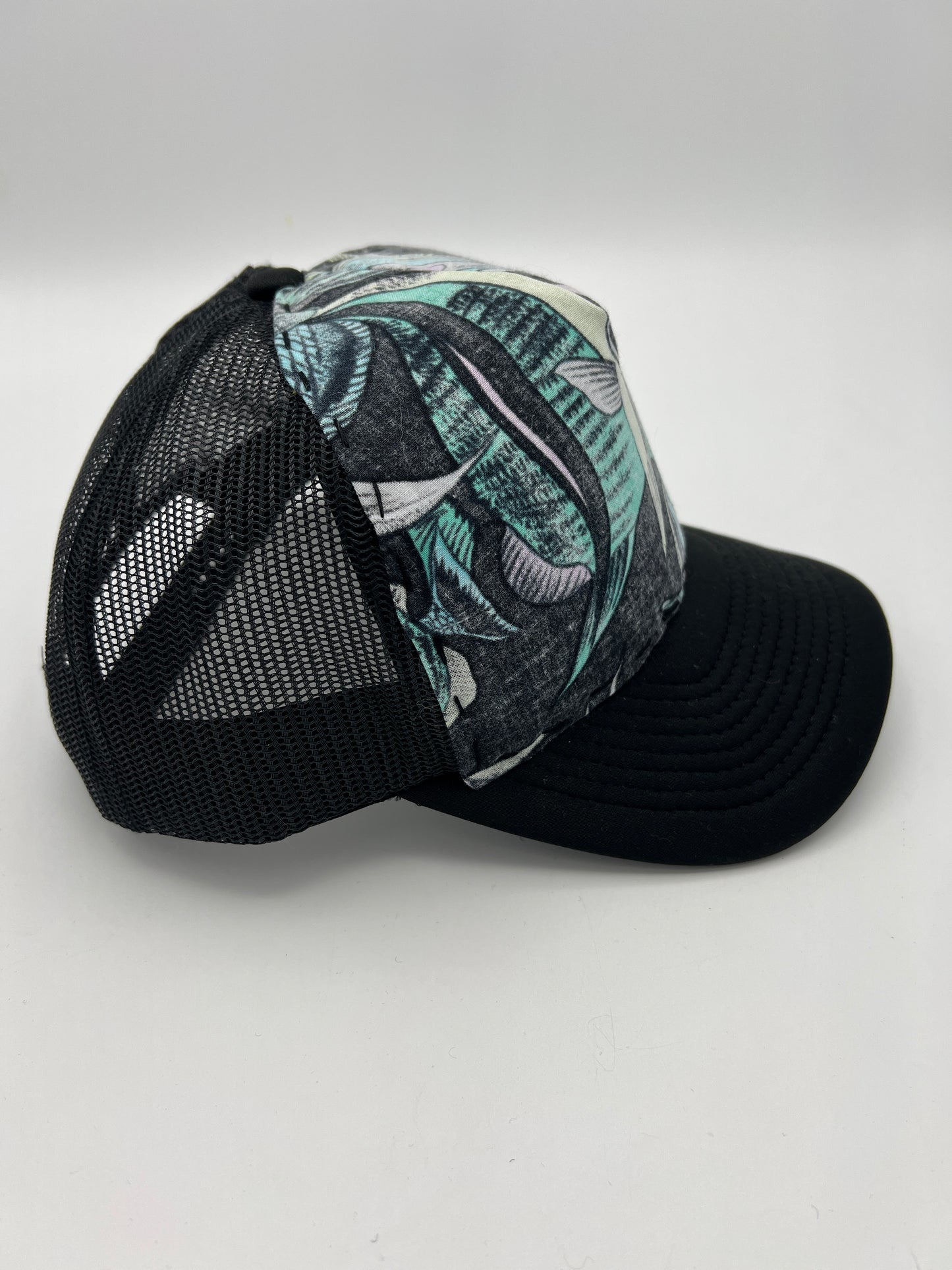 Vintage tropical fish fabric- black curved brim trucker hat