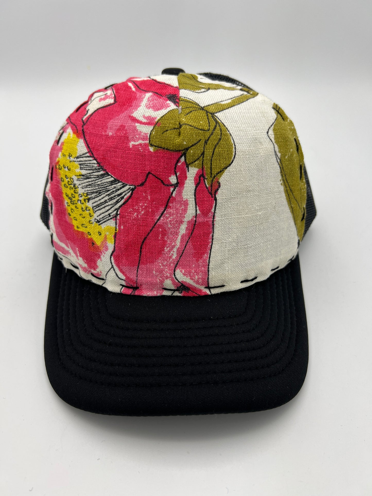 Vintage Vera Neumann floral fabric: black curved brim trucker hat